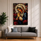 A stained glass style depiction of the Virgin Mary with hands clasped in prayer surrounded by red roses and a radiant halo, rendered in vibrant colors and intricate glass-like textures, evoking a classic religious portrait in a mosaic-inspired visual style.