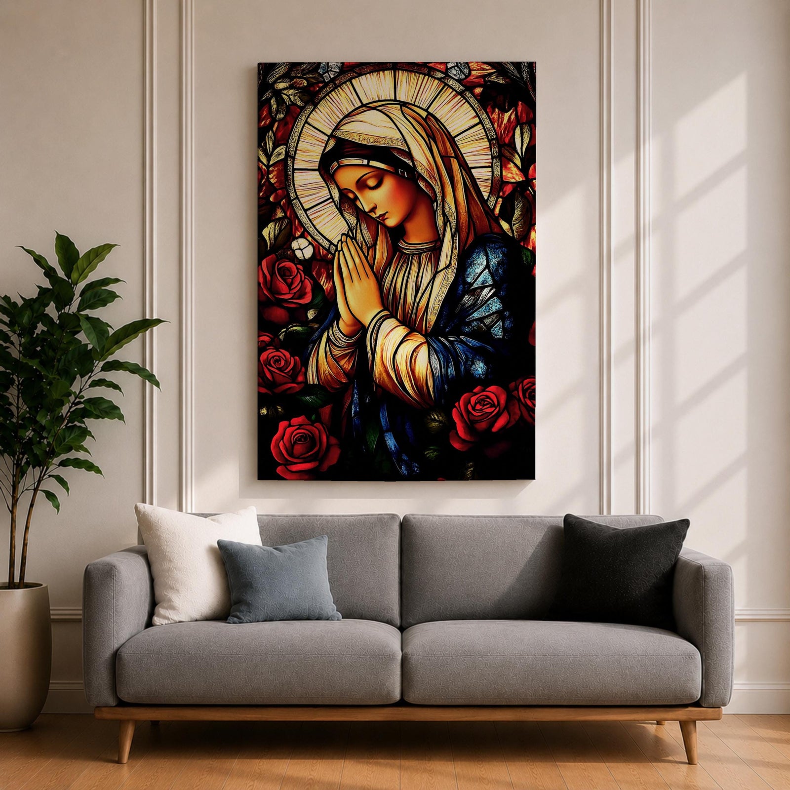 A stained glass style depiction of the Virgin Mary with hands clasped in prayer surrounded by red roses and a radiant halo, rendered in vibrant colors and intricate glass-like textures, evoking a classic religious portrait in a mosaic-inspired visual style.