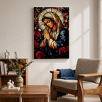 A stained glass style depiction of the Virgin Mary with hands clasped in prayer surrounded by red roses and a radiant halo, rendered in vibrant colors and intricate glass-like textures, evoking a classic religious portrait in a mosaic-inspired visual style.