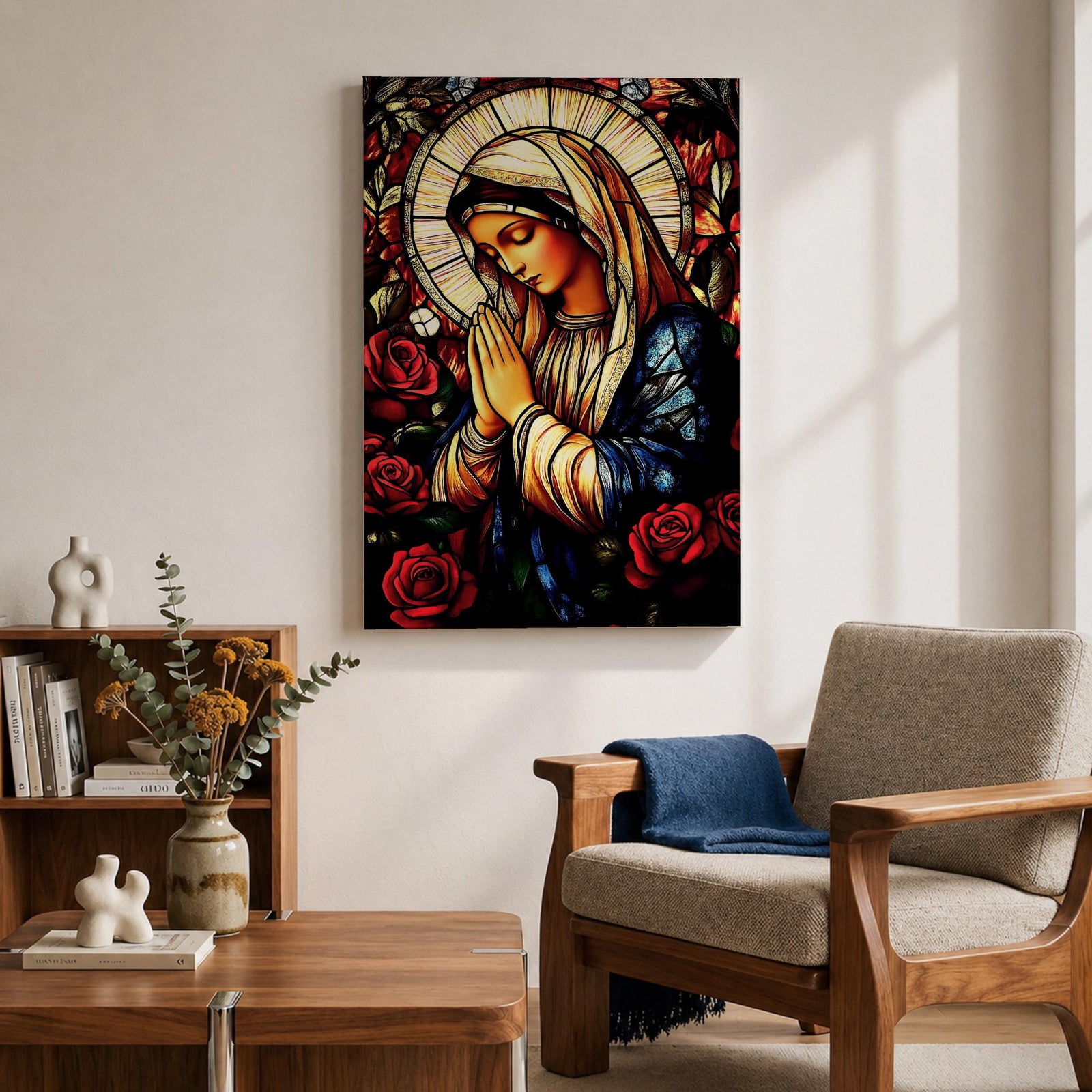 A stained glass style depiction of the Virgin Mary with hands clasped in prayer surrounded by red roses and a radiant halo, rendered in vibrant colors and intricate glass-like textures, evoking a classic religious portrait in a mosaic-inspired visual style.