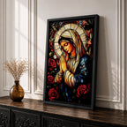 A stained glass style depiction of the Virgin Mary with hands clasped in prayer surrounded by red roses and a radiant halo, rendered in vibrant colors and intricate glass-like textures, evoking a classic religious portrait in a mosaic-inspired visual style.