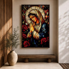 A stained glass style depiction of the Virgin Mary with hands clasped in prayer surrounded by red roses and a radiant halo, rendered in vibrant colors and intricate glass-like textures, evoking a classic religious portrait in a mosaic-inspired visual style.