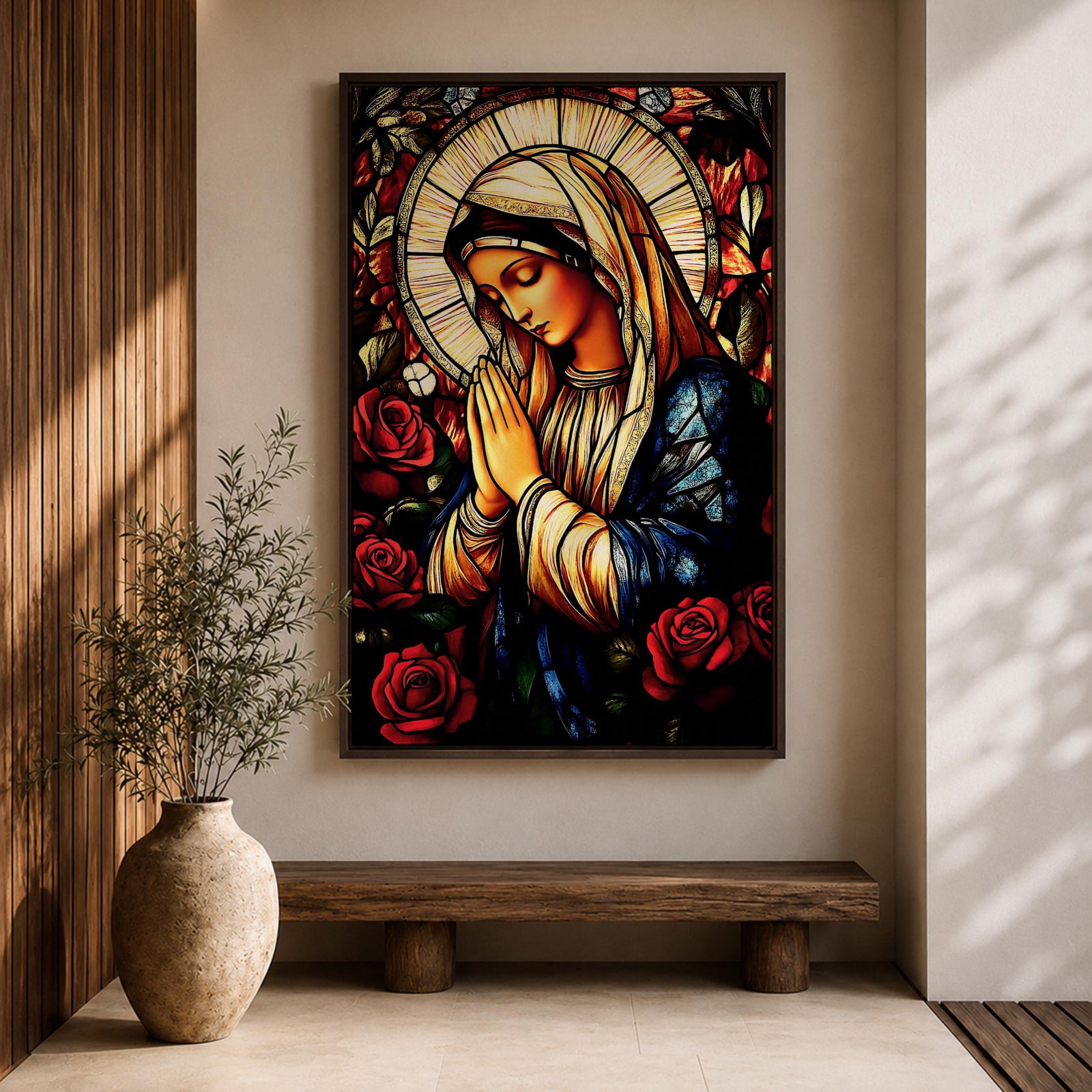 A stained glass style depiction of the Virgin Mary with hands clasped in prayer surrounded by red roses and a radiant halo, rendered in vibrant colors and intricate glass-like textures, evoking a classic religious portrait in a mosaic-inspired visual style.