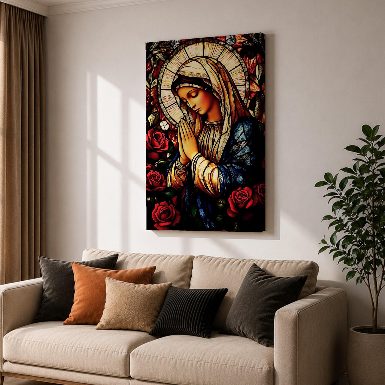 A stained glass style depiction of the Virgin Mary with hands clasped in prayer surrounded by red roses and a radiant halo, rendered in vibrant colors and intricate glass-like textures, evoking a classic religious portrait in a mosaic-inspired visual style.