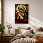 A stained glass style depiction of the Virgin Mary with hands clasped in prayer surrounded by red roses and a radiant halo, rendered in vibrant colors and intricate glass-like textures, evoking a classic religious portrait in a mosaic-inspired visual style.