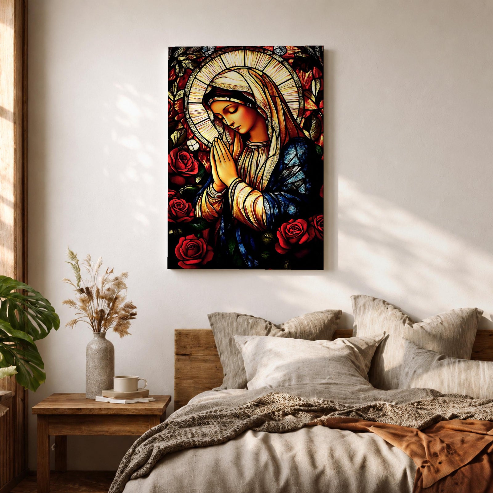 A stained glass style depiction of the Virgin Mary with hands clasped in prayer surrounded by red roses and a radiant halo, rendered in vibrant colors and intricate glass-like textures, evoking a classic religious portrait in a mosaic-inspired visual style.