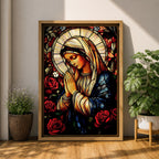 A stained glass style depiction of the Virgin Mary with hands clasped in prayer surrounded by red roses and a radiant halo, rendered in vibrant colors and intricate glass-like textures, evoking a classic religious portrait in a mosaic-inspired visual style.