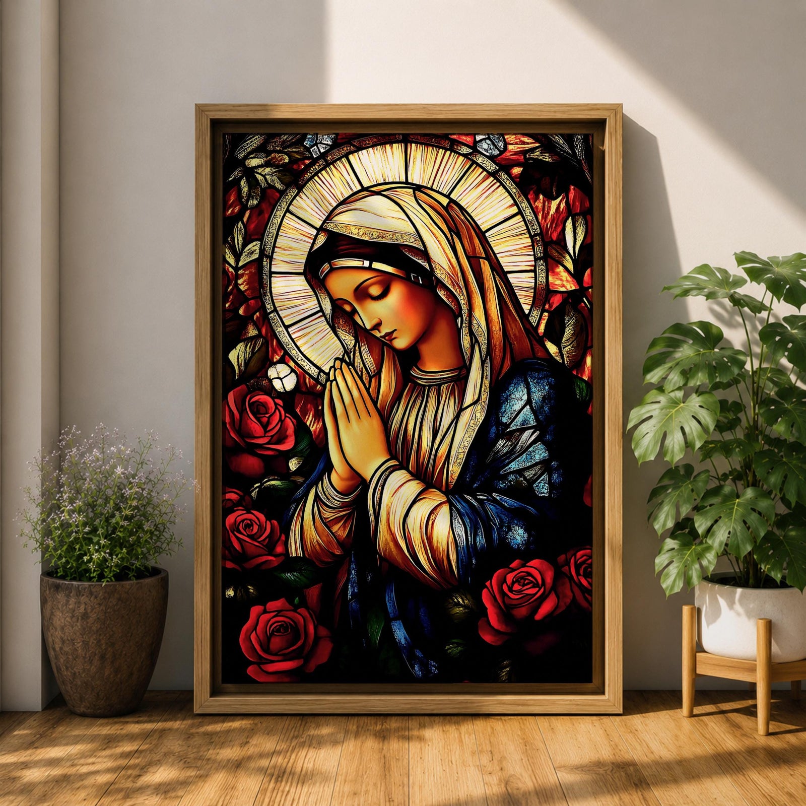 A stained glass style depiction of the Virgin Mary with hands clasped in prayer surrounded by red roses and a radiant halo, rendered in vibrant colors and intricate glass-like textures, evoking a classic religious portrait in a mosaic-inspired visual style.