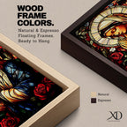 A stained glass style depiction of the Virgin Mary with hands clasped in prayer surrounded by red roses and a radiant halo, rendered in vibrant colors and intricate glass-like textures, evoking a classic religious portrait in a mosaic-inspired visual style.