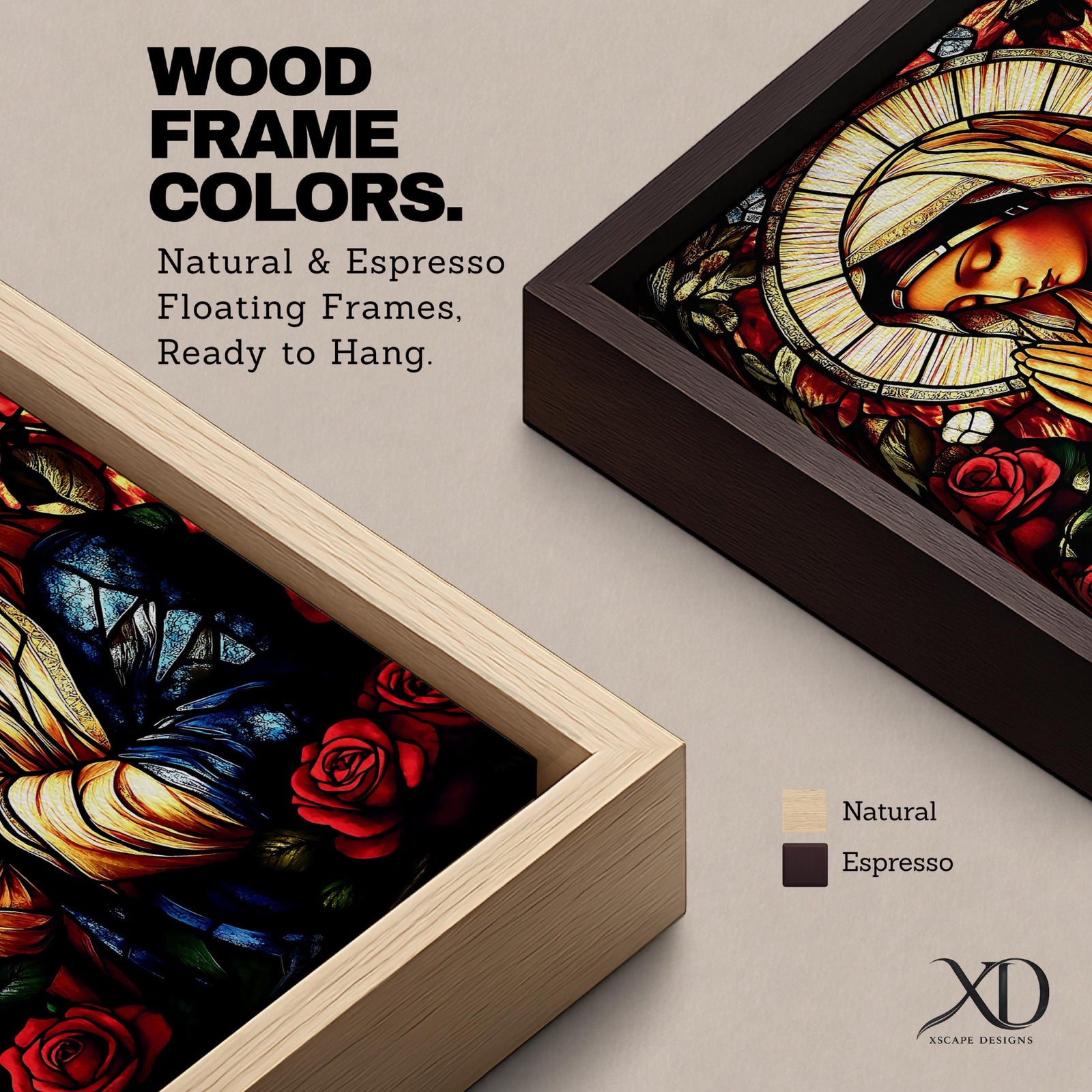 A stained glass style depiction of the Virgin Mary with hands clasped in prayer surrounded by red roses and a radiant halo, rendered in vibrant colors and intricate glass-like textures, evoking a classic religious portrait in a mosaic-inspired visual style.