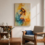 A framed canvas artwork depicting the Holy Family with Mary, Joseph, and baby Jesus in a tender embrace. The painting features warm tones and soft brush strokes, capturing the intimate moment of the Nativity scene with a focus on the figures' expressions and clothing details.