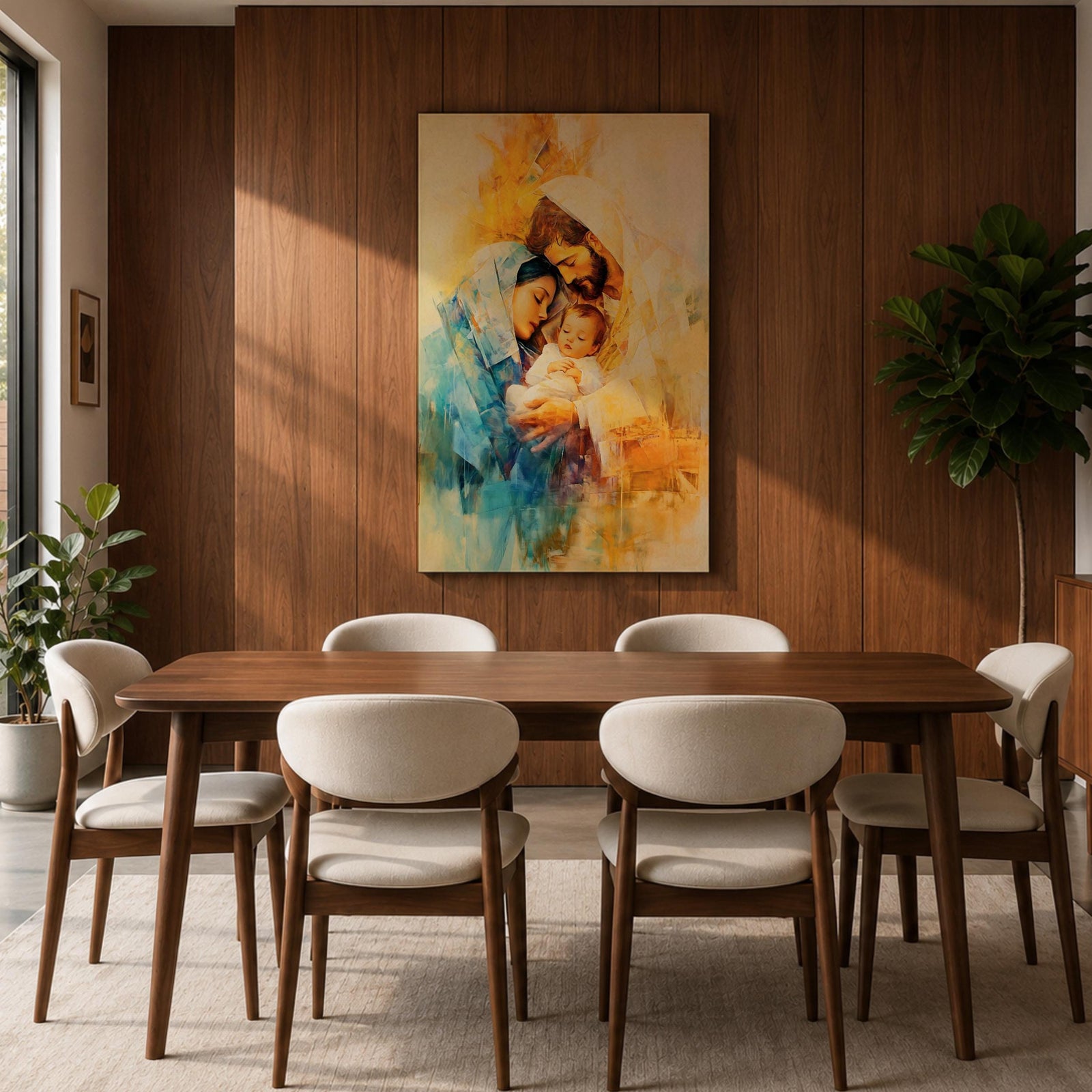 A framed canvas artwork depicting the Holy Family with Mary, Joseph, and baby Jesus in a tender embrace. The painting features warm tones and soft brush strokes, capturing the intimate moment of the Nativity scene with a focus on the figures' expressions and clothing details.