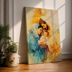 A framed canvas artwork depicting the Holy Family with Mary, Joseph, and baby Jesus in a tender embrace. The painting features warm tones and soft brush strokes, capturing the intimate moment of the Nativity scene with a focus on the figures' expressions and clothing details.