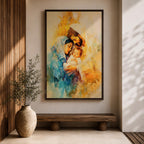 A framed canvas artwork depicting the Holy Family with Mary, Joseph, and baby Jesus in a tender embrace. The painting features warm tones and soft brush strokes, capturing the intimate moment of the Nativity scene with a focus on the figures' expressions and clothing details.