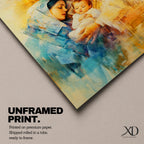 A framed canvas artwork depicting the Holy Family with Mary, Joseph, and baby Jesus in a tender embrace. The painting features warm tones and soft brush strokes, capturing the intimate moment of the Nativity scene with a focus on the figures' expressions and clothing details.