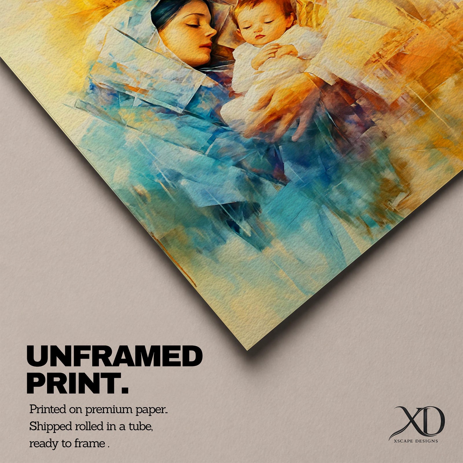 A framed canvas artwork depicting the Holy Family with Mary, Joseph, and baby Jesus in a tender embrace. The painting features warm tones and soft brush strokes, capturing the intimate moment of the Nativity scene with a focus on the figures' expressions and clothing details.