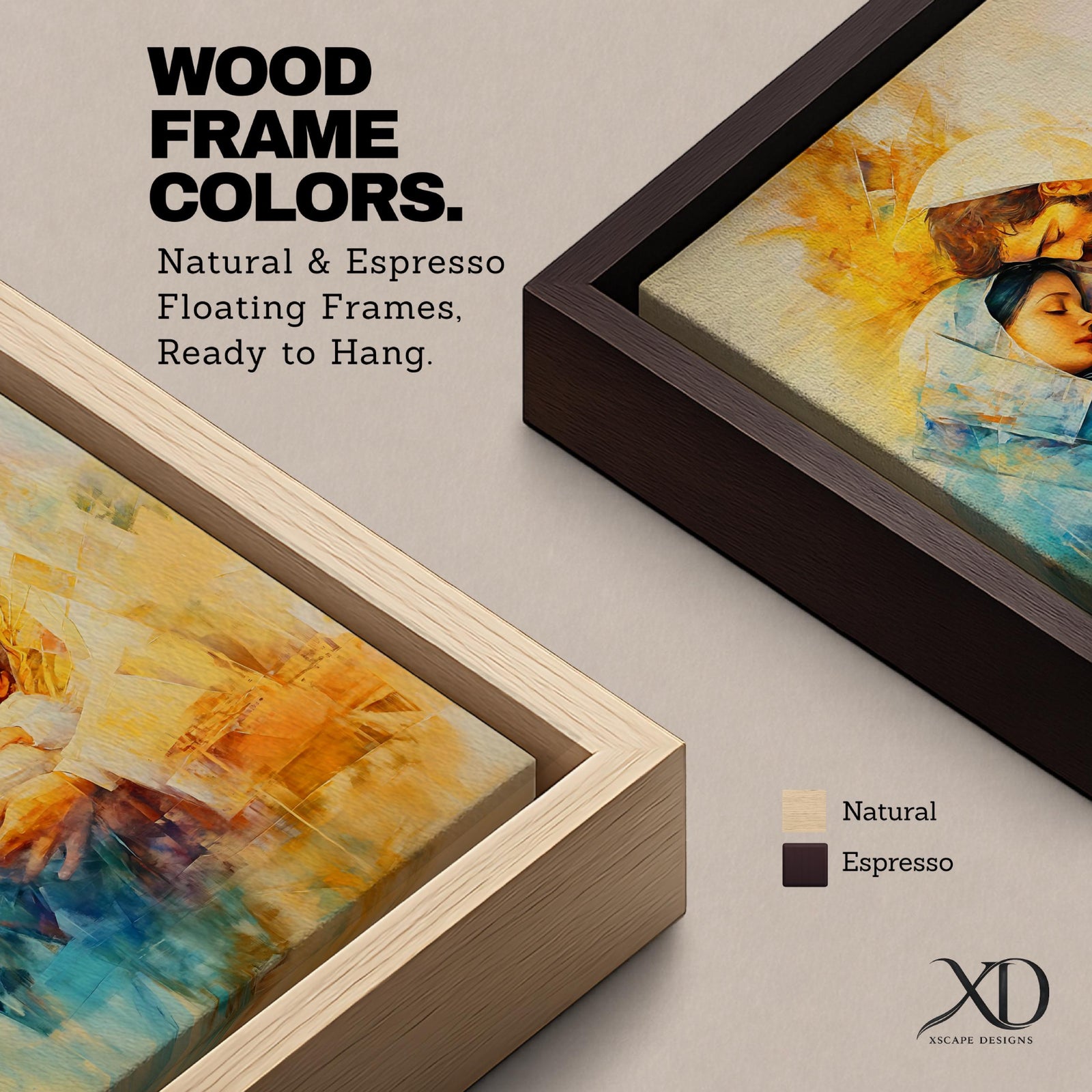 A framed canvas artwork depicting the Holy Family with Mary, Joseph, and baby Jesus in a tender embrace. The painting features warm tones and soft brush strokes, capturing the intimate moment of the Nativity scene with a focus on the figures' expressions and clothing details.
