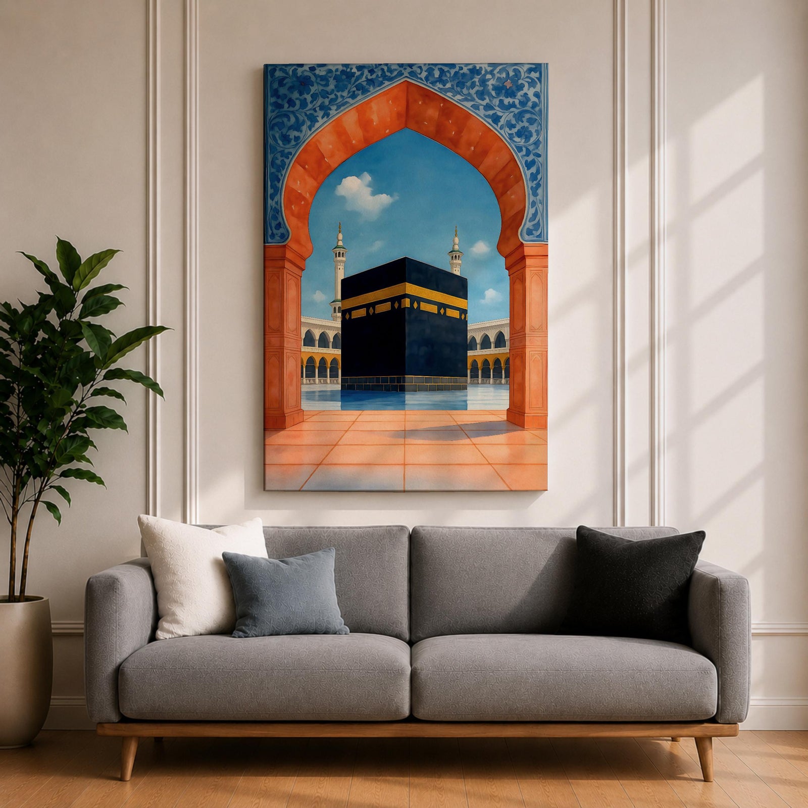 Artwork of the Kaaba at Masjid al-Haram framed by a Moroccan Moorish archway with blue ornamental patterns and warm terracotta tones overlooking the mosque courtyard.