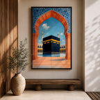 Artwork of the Kaaba at Masjid al-Haram framed by a Moroccan Moorish archway with blue ornamental patterns and warm terracotta tones overlooking the mosque courtyard.