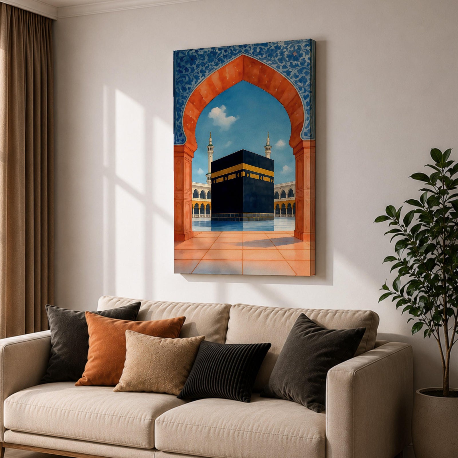 Artwork of the Kaaba at Masjid al-Haram framed by a Moroccan Moorish archway with blue ornamental patterns and warm terracotta tones overlooking the mosque courtyard.