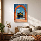 Artwork of the Kaaba at Masjid al-Haram framed by a Moroccan Moorish archway with blue ornamental patterns and warm terracotta tones overlooking the mosque courtyard.