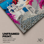 A vibrant framed canvas depicting Santorini, Greece, featuring iconic white buildings with blue domes, winding cobblestone paths, and bright bougainvillea flowers overlooking a deep blue sea, rendered in a clean, graphic style emphasizing architectural shapes and Mediterranean coastal charm.