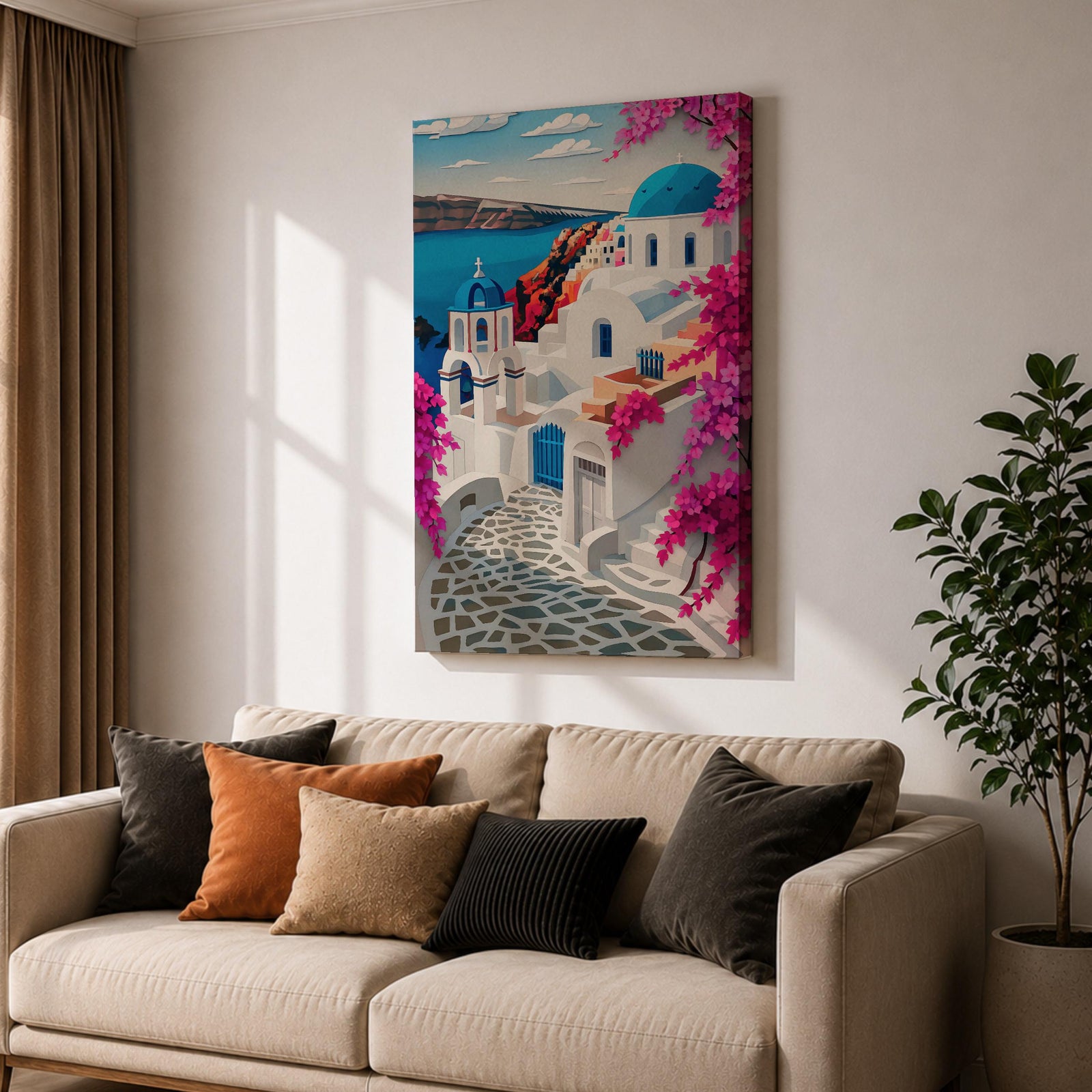 A vibrant framed canvas depicting Santorini, Greece, featuring iconic white buildings with blue domes, winding cobblestone paths, and bright bougainvillea flowers overlooking a deep blue sea, rendered in a clean, graphic style emphasizing architectural shapes and Mediterranean coastal charm.