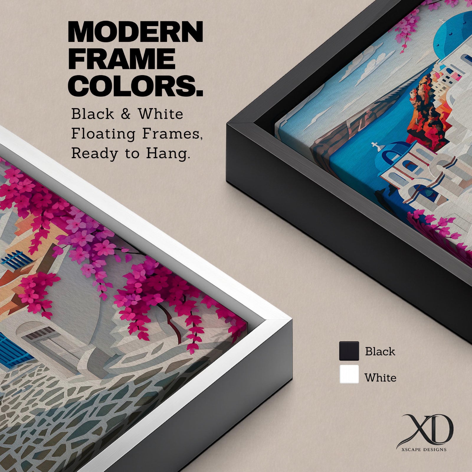 A vibrant framed canvas depicting Santorini, Greece, featuring iconic white buildings with blue domes, winding cobblestone paths, and bright bougainvillea flowers overlooking a deep blue sea, rendered in a clean, graphic style emphasizing architectural shapes and Mediterranean coastal charm.