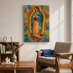 A vibrant framed canvas depicting Our Lady of Guadalupe, showing the Virgin Mary with hands clasped in prayer, wearing a blue mantle adorned with stars and a pink dress, surrounded by radiant golden rays and a colorful abstract background.