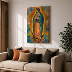 A vibrant framed canvas depicting Our Lady of Guadalupe, showing the Virgin Mary with hands clasped in prayer, wearing a blue mantle adorned with stars and a pink dress, surrounded by radiant golden rays and a colorful abstract background.