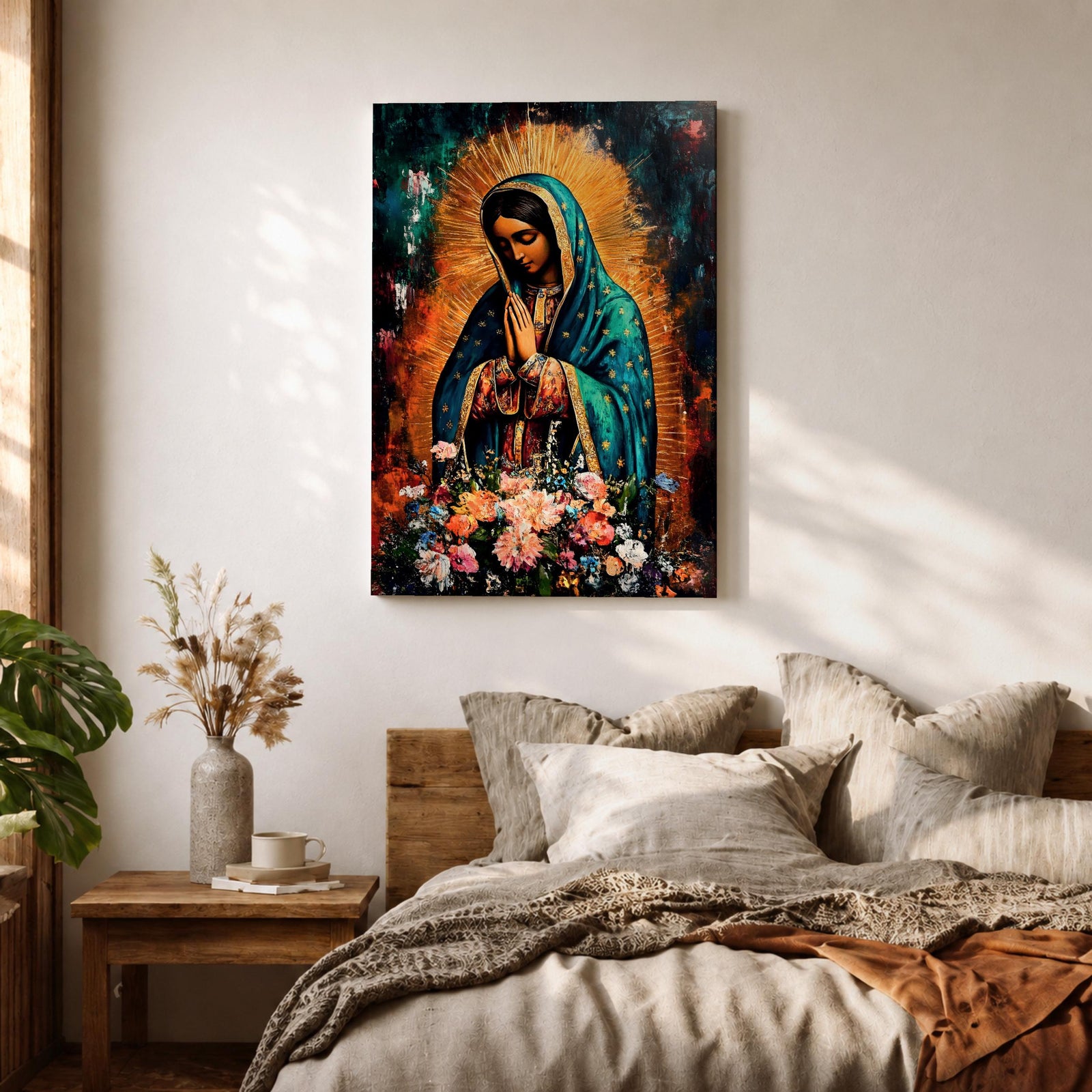 A vibrant framed canvas painting of Our Lady of Guadalupe depicts the Virgin of Guadalupe with hands clasped in prayer, wearing a teal mantle adorned with gold stars and surrounded by radiant light. The foreground features a colorful array of flowers, emphasizing the Catholic religious theme.