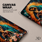 A vibrant framed canvas painting of Our Lady of Guadalupe depicts the Virgin of Guadalupe with hands clasped in prayer, wearing a teal mantle adorned with gold stars and surrounded by radiant light. The foreground features a colorful array of flowers, emphasizing the Catholic religious theme.