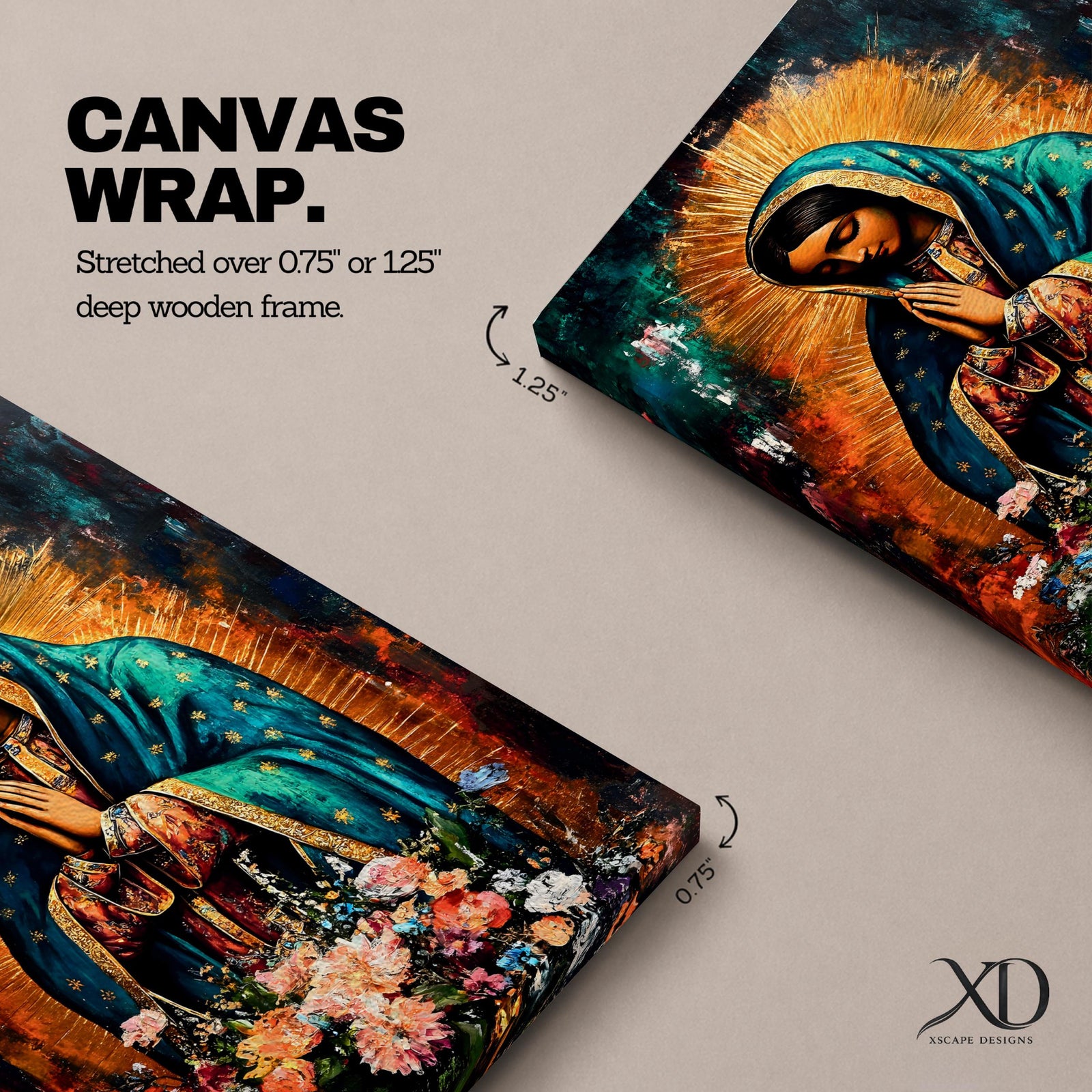 A vibrant framed canvas painting of Our Lady of Guadalupe depicts the Virgin of Guadalupe with hands clasped in prayer, wearing a teal mantle adorned with gold stars and surrounded by radiant light. The foreground features a colorful array of flowers, emphasizing the Catholic religious theme.