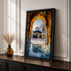 Painting of the Kaaba at Masjid al-Haram seen through a golden stone archway with pilgrims gathered in the courtyard and reflections on the marble floor.