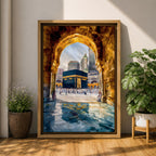 Painting of the Kaaba at Masjid al-Haram seen through a golden stone archway with pilgrims gathered in the courtyard and reflections on the marble floor.