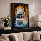 Painting of the Kaaba at Masjid al-Haram seen through a golden stone archway with pilgrims gathered in the courtyard and reflections on the marble floor.