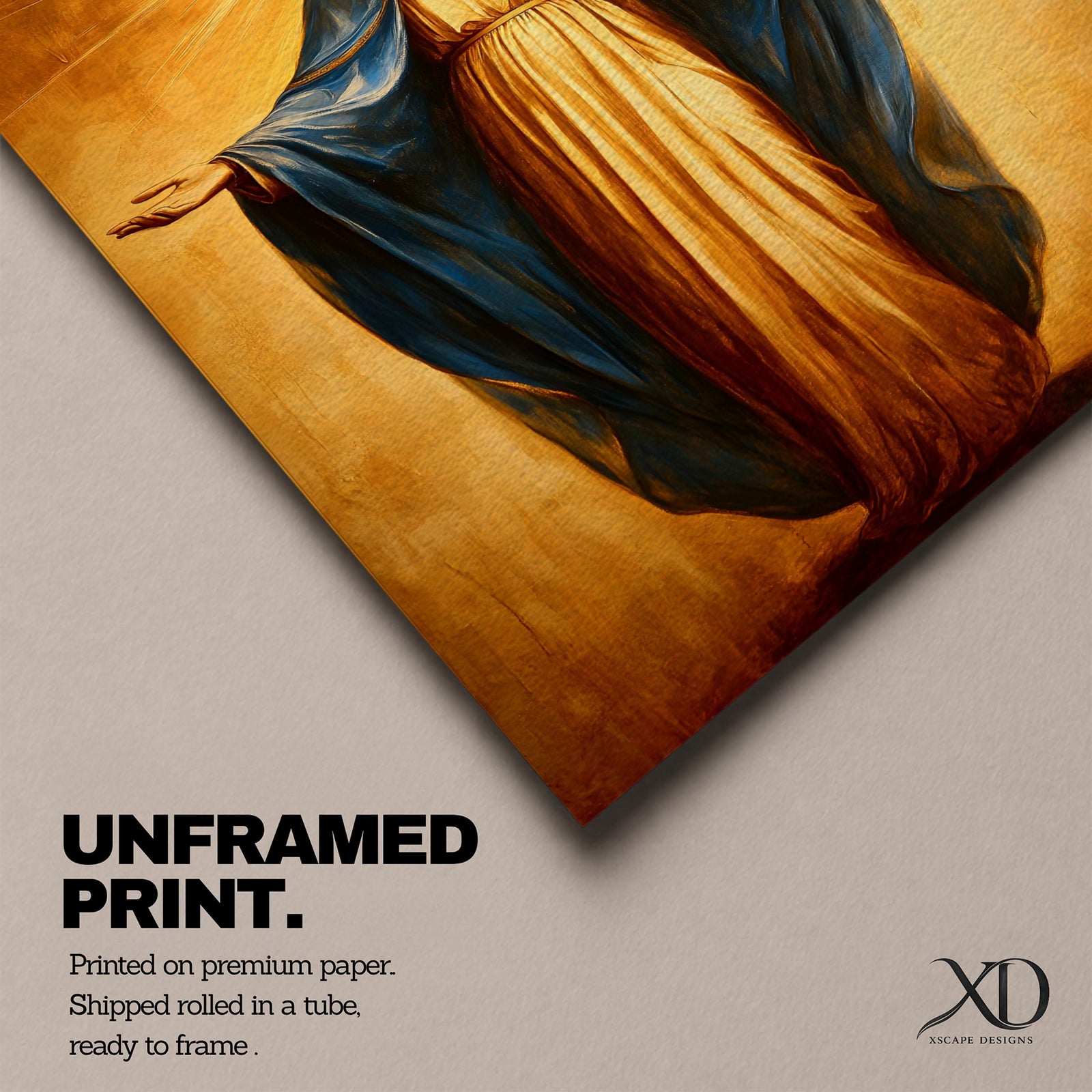 A vintage-style framed canvas painting of Our Lady of Grace depicts the Virgin Mary standing with open arms and a radiant halo behind her head. She wears a flowing robe with a blue mantle, rendered in warm tones and classic religious art style, emphasizing serenity and grace.