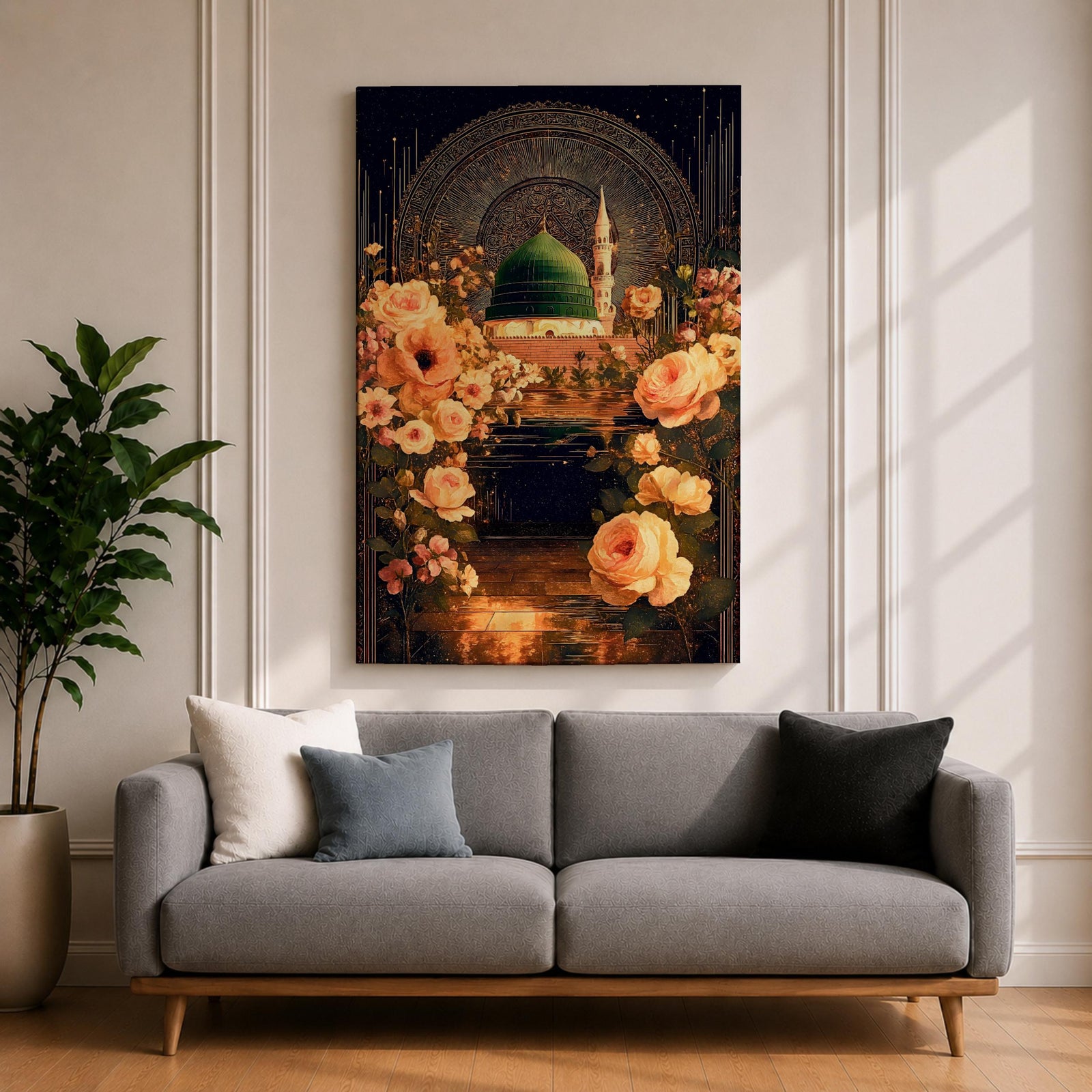 Masjid Al Nabawi artwork featuring the green dome in Medina surrounded by elegant Ottoman-style floral ornament and glowing night reflections.