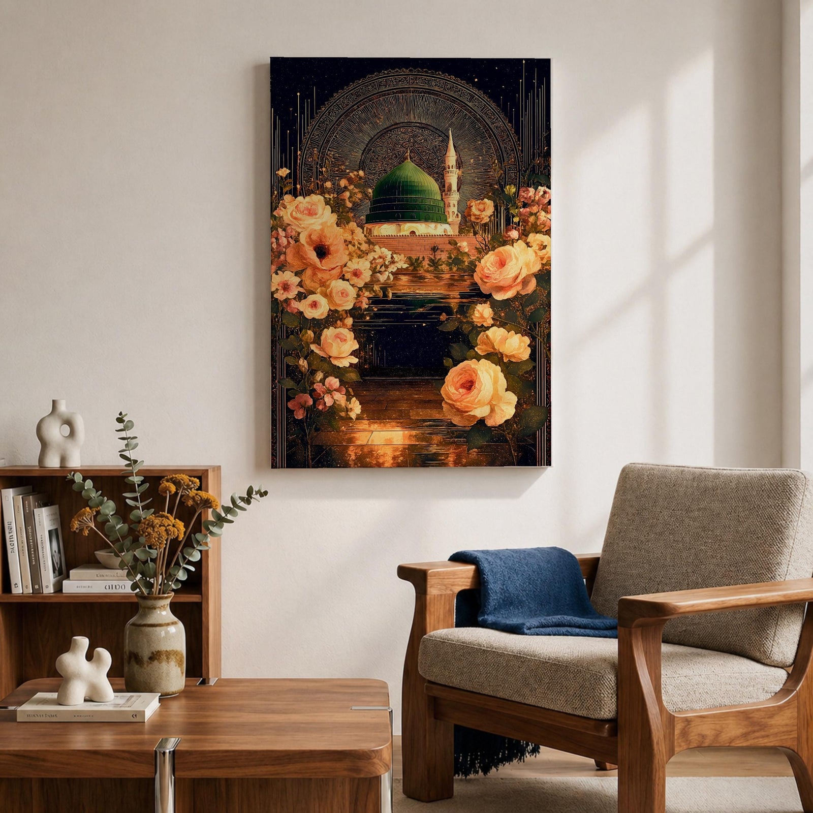 Masjid Al Nabawi artwork featuring the green dome in Medina surrounded by elegant Ottoman-style floral ornament and glowing night reflections.