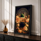 Masjid Al Nabawi artwork featuring the green dome in Medina surrounded by elegant Ottoman-style floral ornament and glowing night reflections.