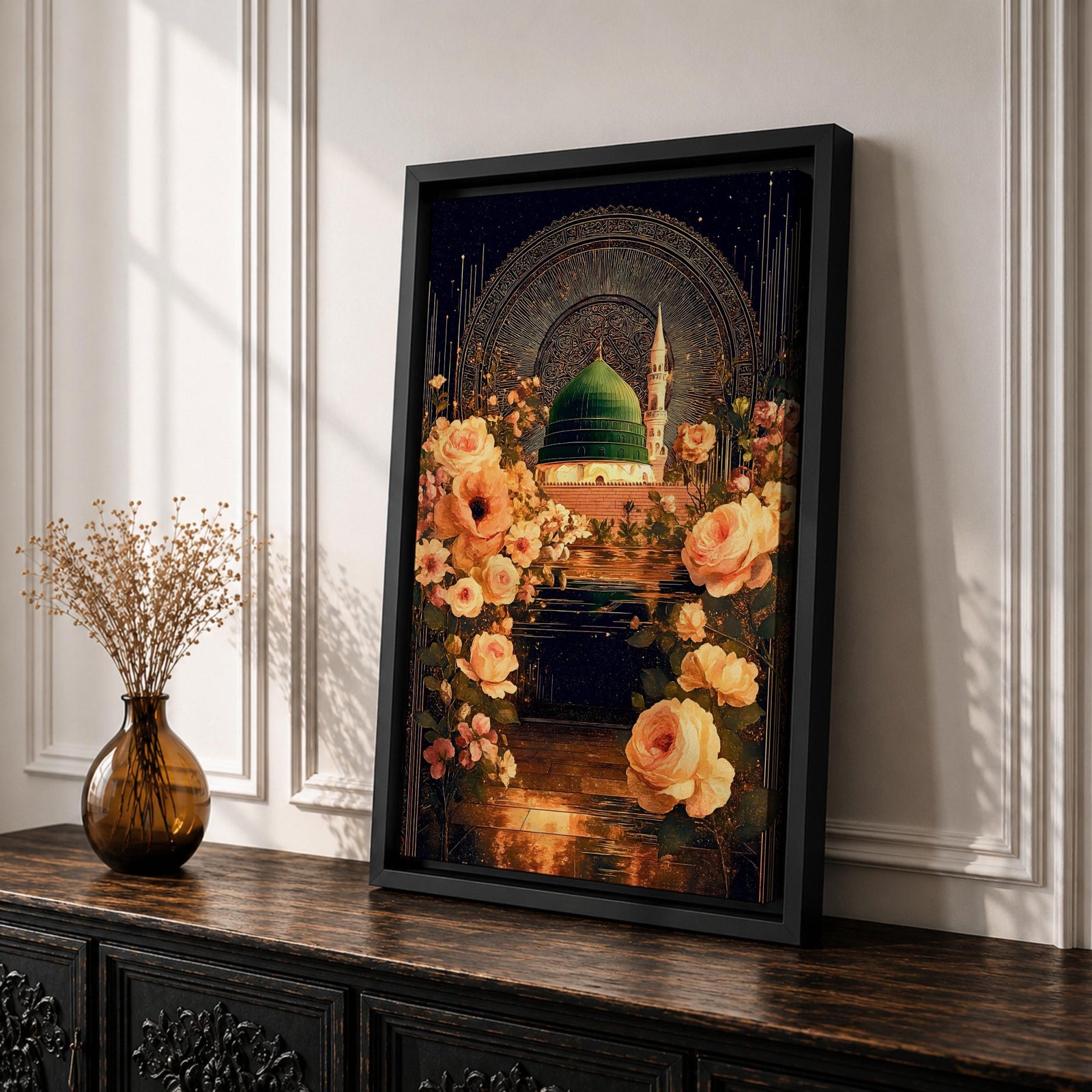 Masjid Al Nabawi artwork featuring the green dome in Medina surrounded by elegant Ottoman-style floral ornament and glowing night reflections.