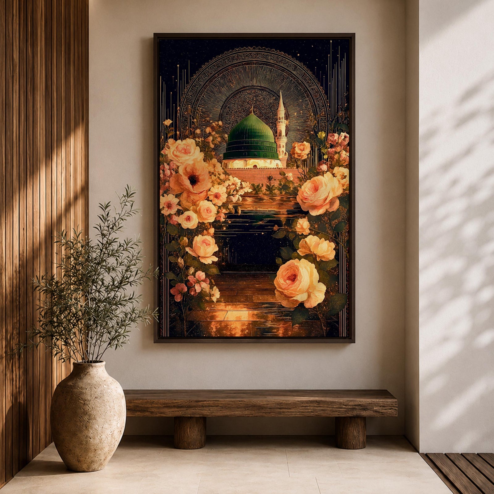 Masjid Al Nabawi artwork featuring the green dome in Medina surrounded by elegant Ottoman-style floral ornament and glowing night reflections.