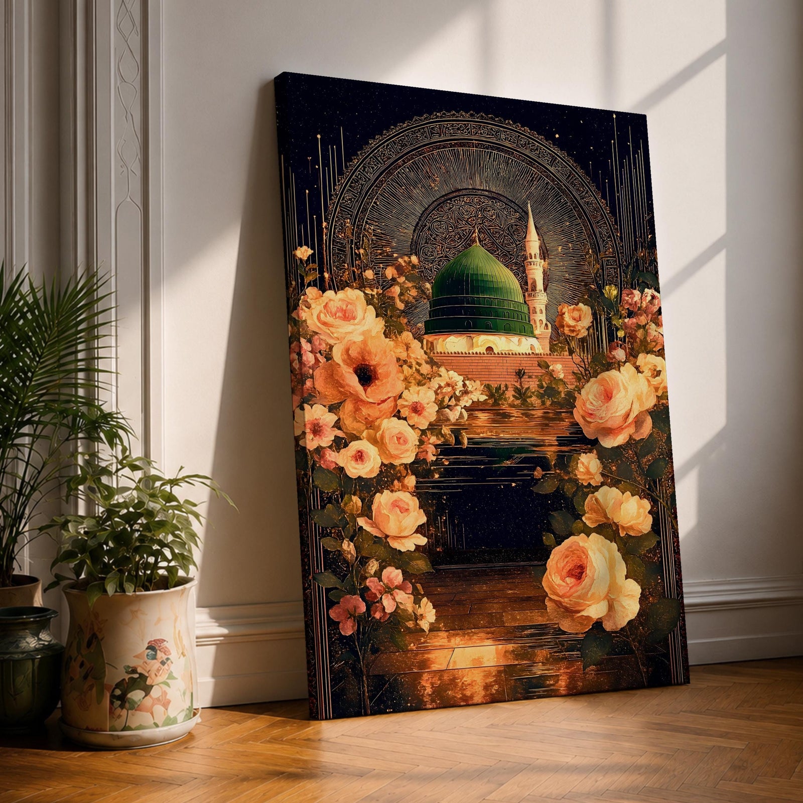 Masjid Al Nabawi artwork featuring the green dome in Medina surrounded by elegant Ottoman-style floral ornament and glowing night reflections.