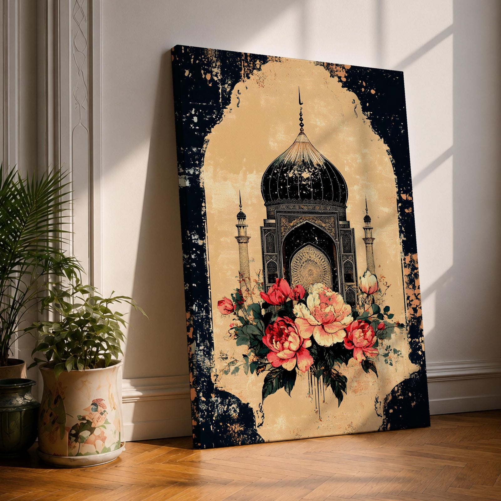 Vintage-style artwork of a Mughal-inspired mosque with onion dome framed by a floral arrangement and ornate Islamic arch.