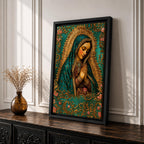 A vintage-style framed canvas depicting Our Lady of Guadalupe with her hands clasped in prayer, wearing a teal mantle adorned with stars and a golden halo radiating behind her. The artwork features intricate floral patterns surrounding the figure, emphasizing traditional Mexican Catholic iconography.
