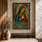 A vintage-style framed canvas depicting Our Lady of Guadalupe with her hands clasped in prayer, wearing a teal mantle adorned with stars and a golden halo radiating behind her. The artwork features intricate floral patterns surrounding the figure, emphasizing traditional Mexican Catholic iconography.