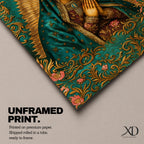A vintage-style framed canvas depicting Our Lady of Guadalupe with her hands clasped in prayer, wearing a teal mantle adorned with stars and a golden halo radiating behind her. The artwork features intricate floral patterns surrounding the figure, emphasizing traditional Mexican Catholic iconography.