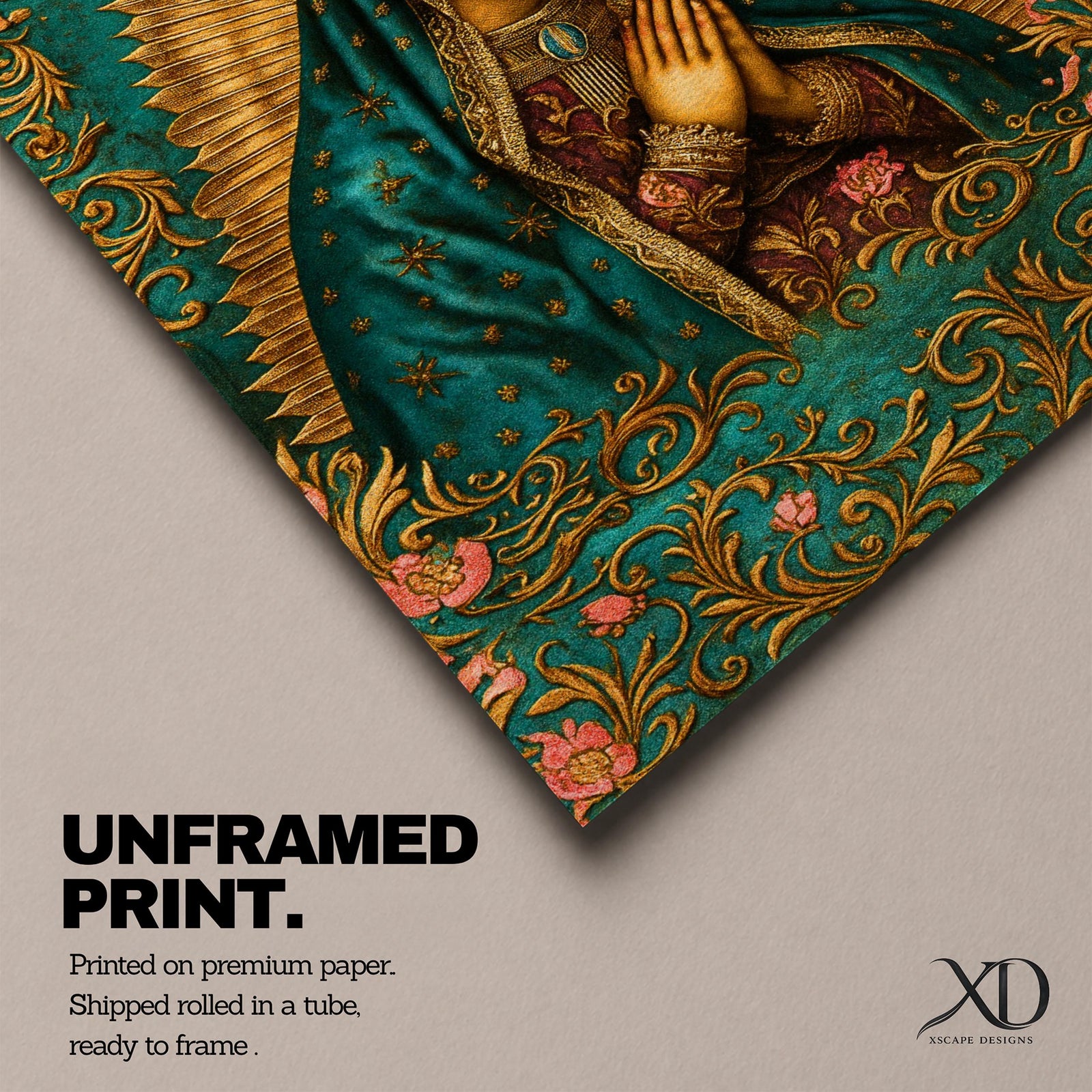 A vintage-style framed canvas depicting Our Lady of Guadalupe with her hands clasped in prayer, wearing a teal mantle adorned with stars and a golden halo radiating behind her. The artwork features intricate floral patterns surrounding the figure, emphasizing traditional Mexican Catholic iconography.