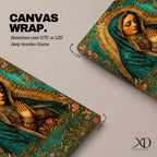 A vintage-style framed canvas depicting Our Lady of Guadalupe with her hands clasped in prayer, wearing a teal mantle adorned with stars and a golden halo radiating behind her. The artwork features intricate floral patterns surrounding the figure, emphasizing traditional Mexican Catholic iconography.