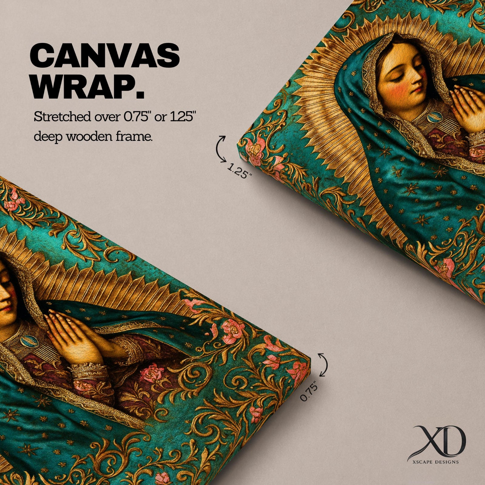 A vintage-style framed canvas depicting Our Lady of Guadalupe with her hands clasped in prayer, wearing a teal mantle adorned with stars and a golden halo radiating behind her. The artwork features intricate floral patterns surrounding the figure, emphasizing traditional Mexican Catholic iconography.